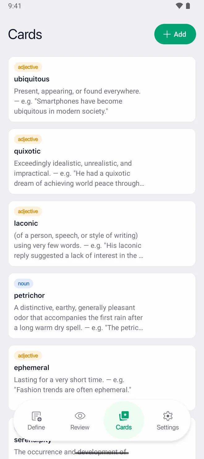 The Cards screen listing saved words — ubiquitous, quixotic, laconic, petrichor and ephemeral — each with its part of speech and definition.
