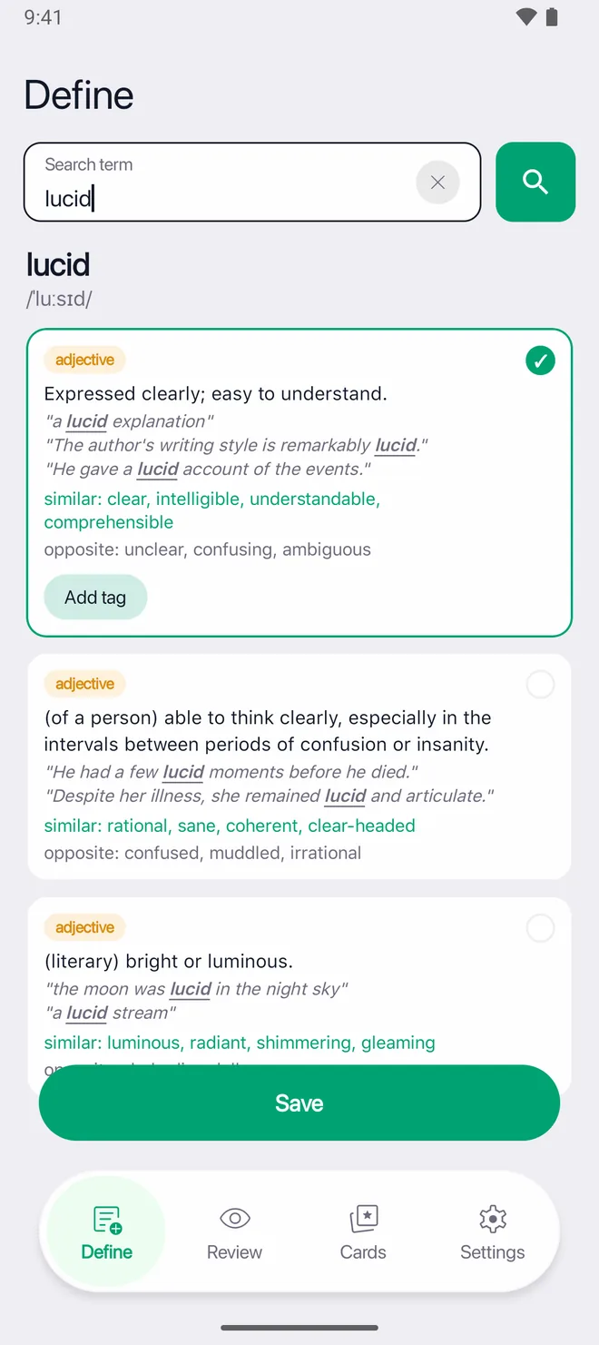 The Define screen after searching lucid, listing three adjective senses. The first is selected and offers a tag, with Save at the bottom.