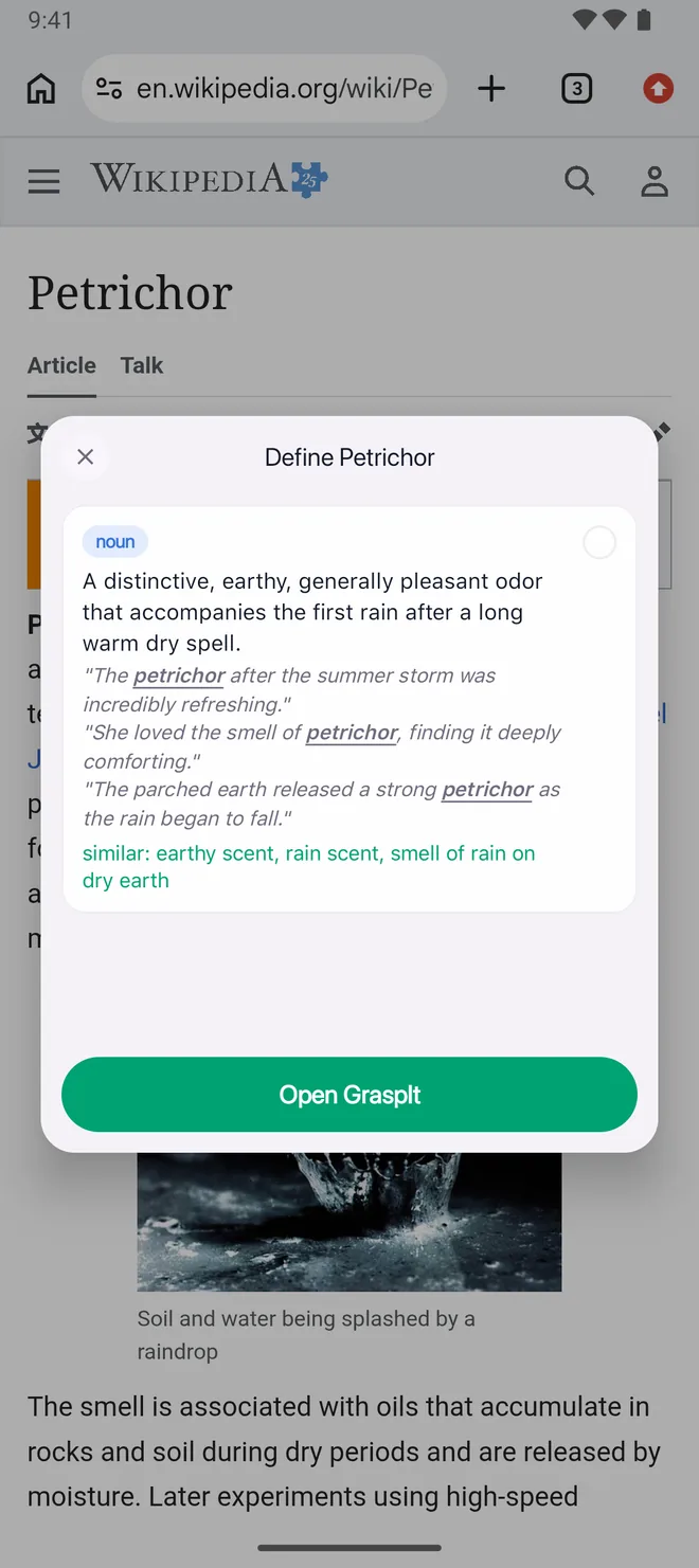 A Wikipedia article on a phone with GraspIt open over it, defining petrichor as a distinctive, earthy odour that accompanies the first rain after a long warm dry spell, with example sentences and near-words, and a control to keep it.