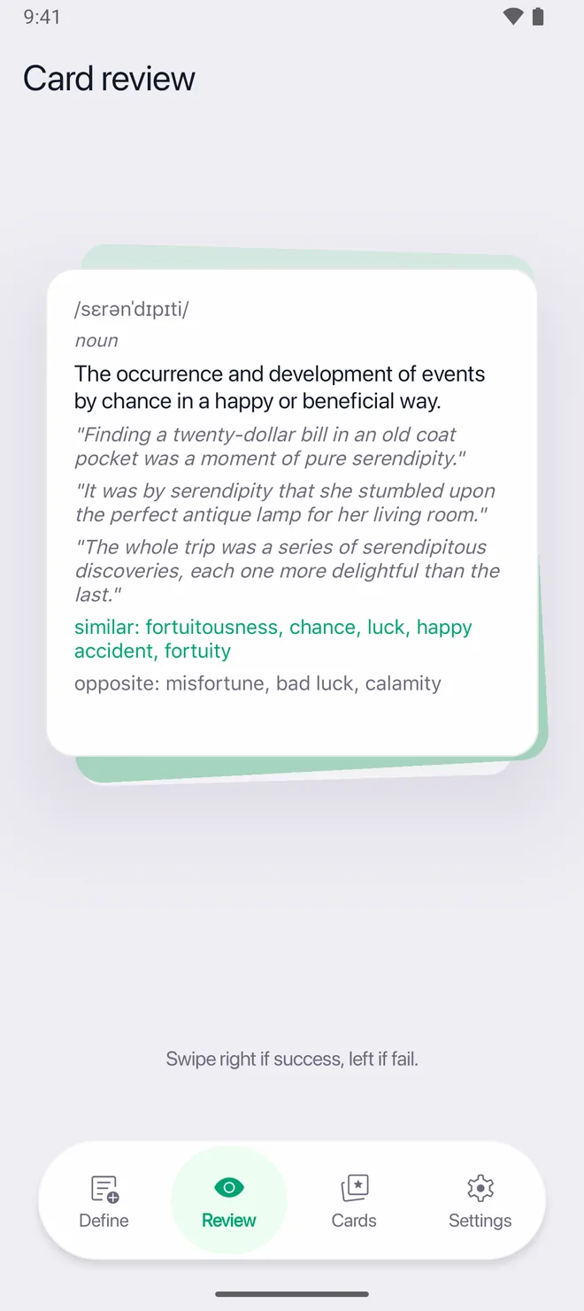 The same card turned over, showing the pronunciation, the definition, three example sentences and near-words.