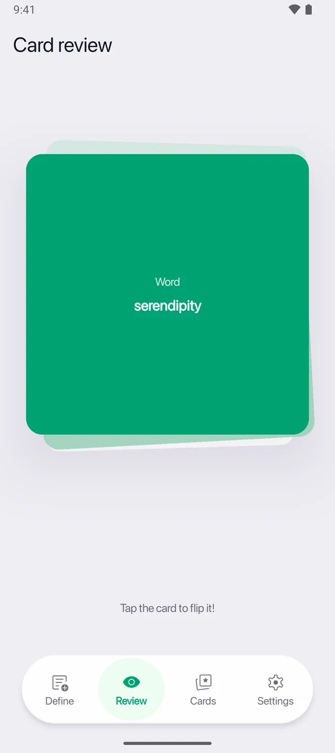 A review card face up, showing only the word serendipity on a green card, with the rest of the deck stacked behind it.