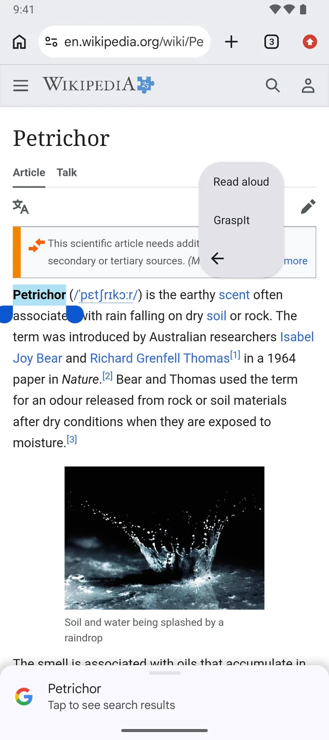 Text selected in a mobile browser. The selection menu is open and GraspIt sits in it, below Read aloud.